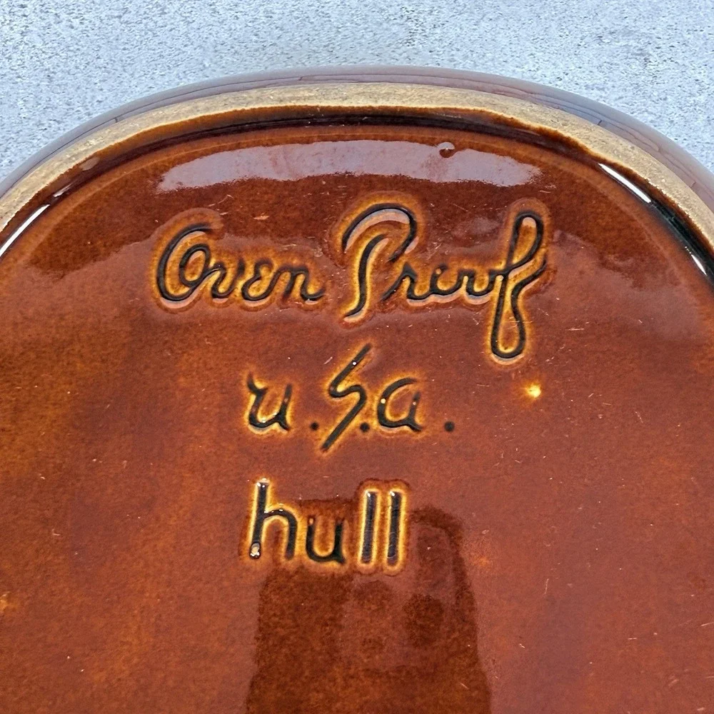 Hull Brown Drip Glaze Round Handled Stoneware Baking Serving Dish Vintage USA 9